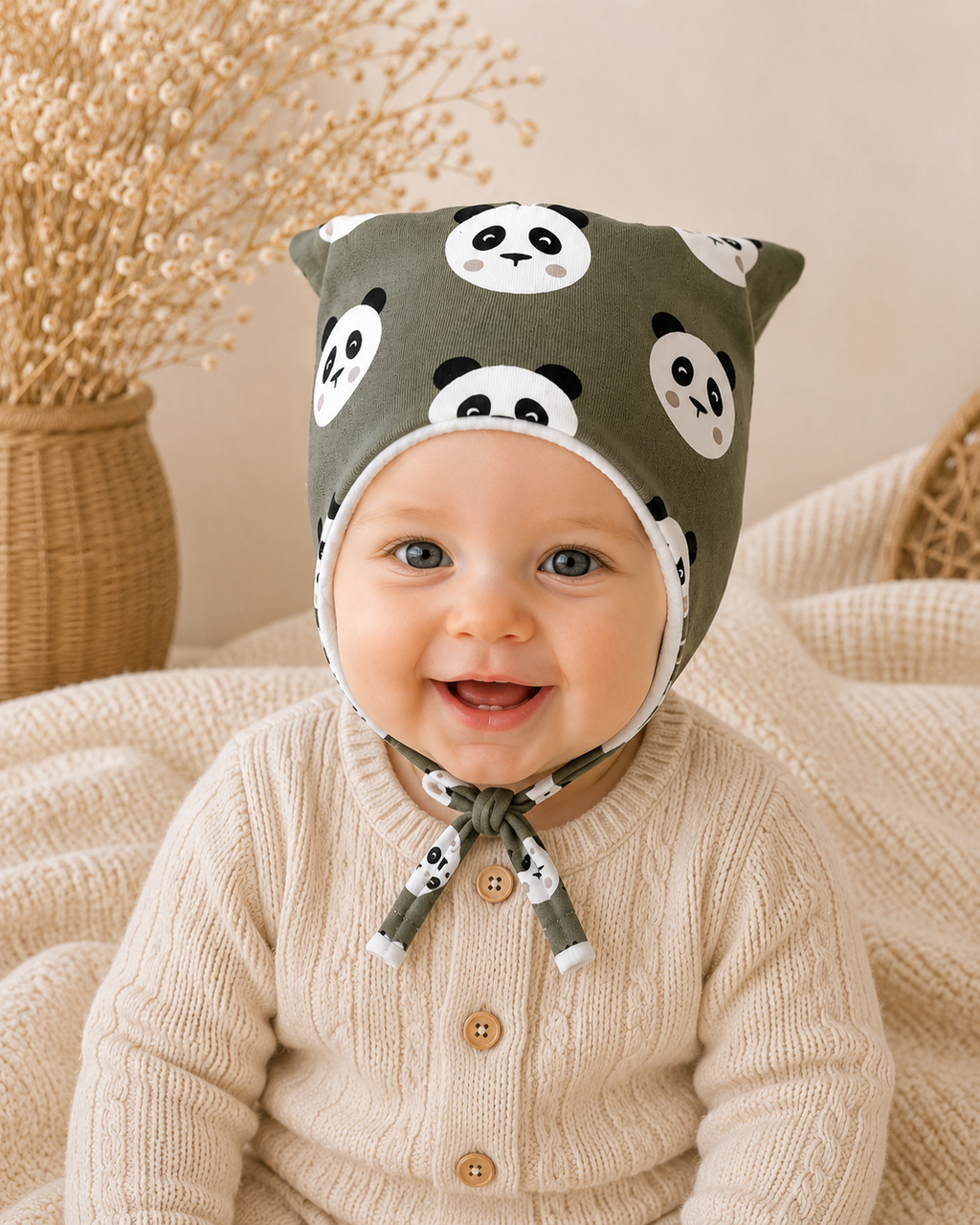 Knytelue med fleece | Mørk khaki panda